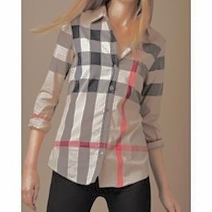 Burberry Checkered Blouse in Black, Gray, and Red